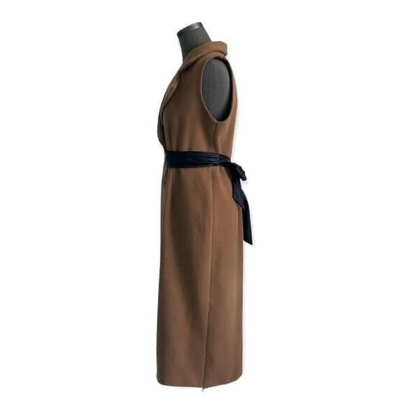 MARNI Luxury Virgin Wool Sleeveless Coat Brown Black Leather Trim Size M - Picture 6 of 10